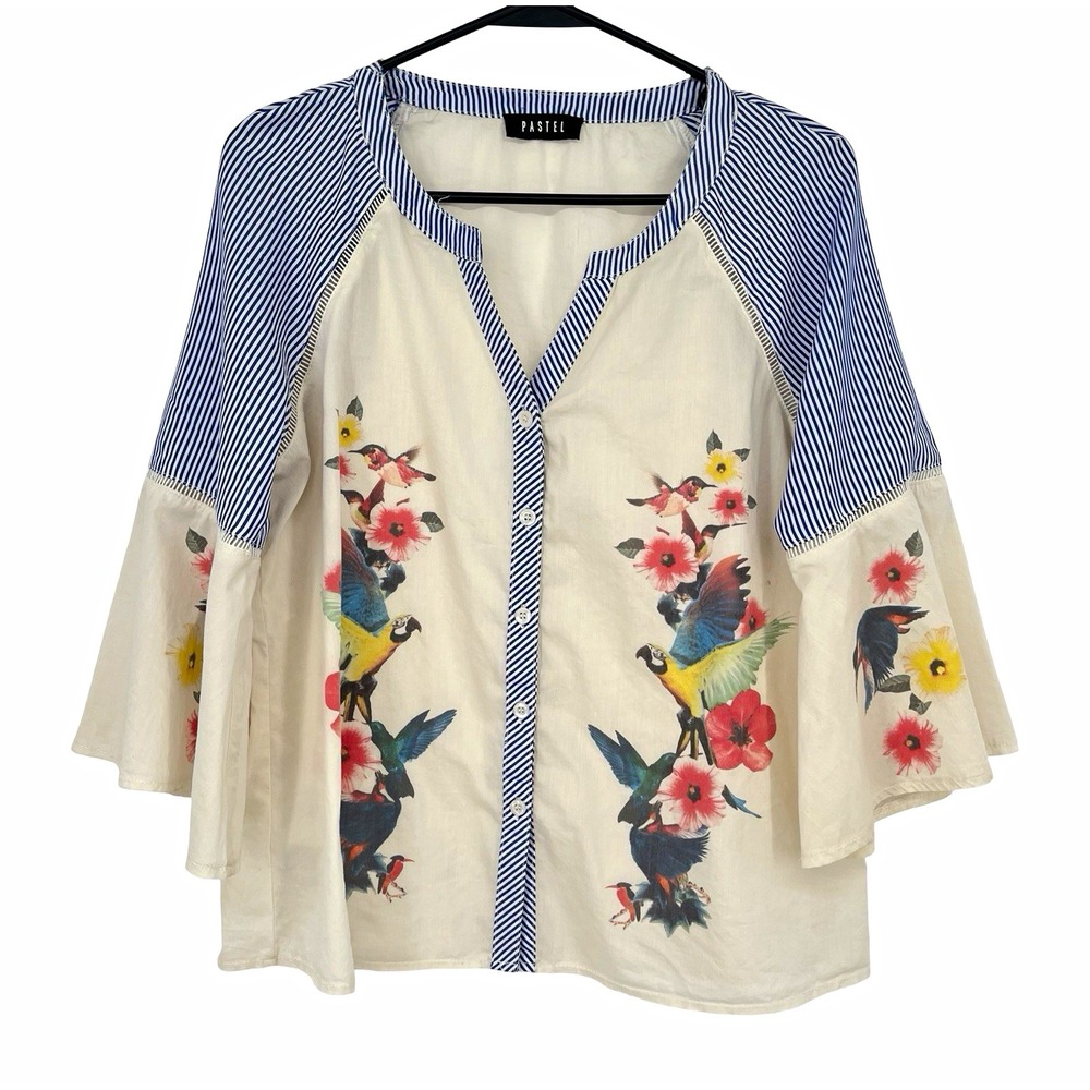 Pastel Women's Bird Floral Blouse Blue Stripe Bell Sleeve Boho Button Front Top